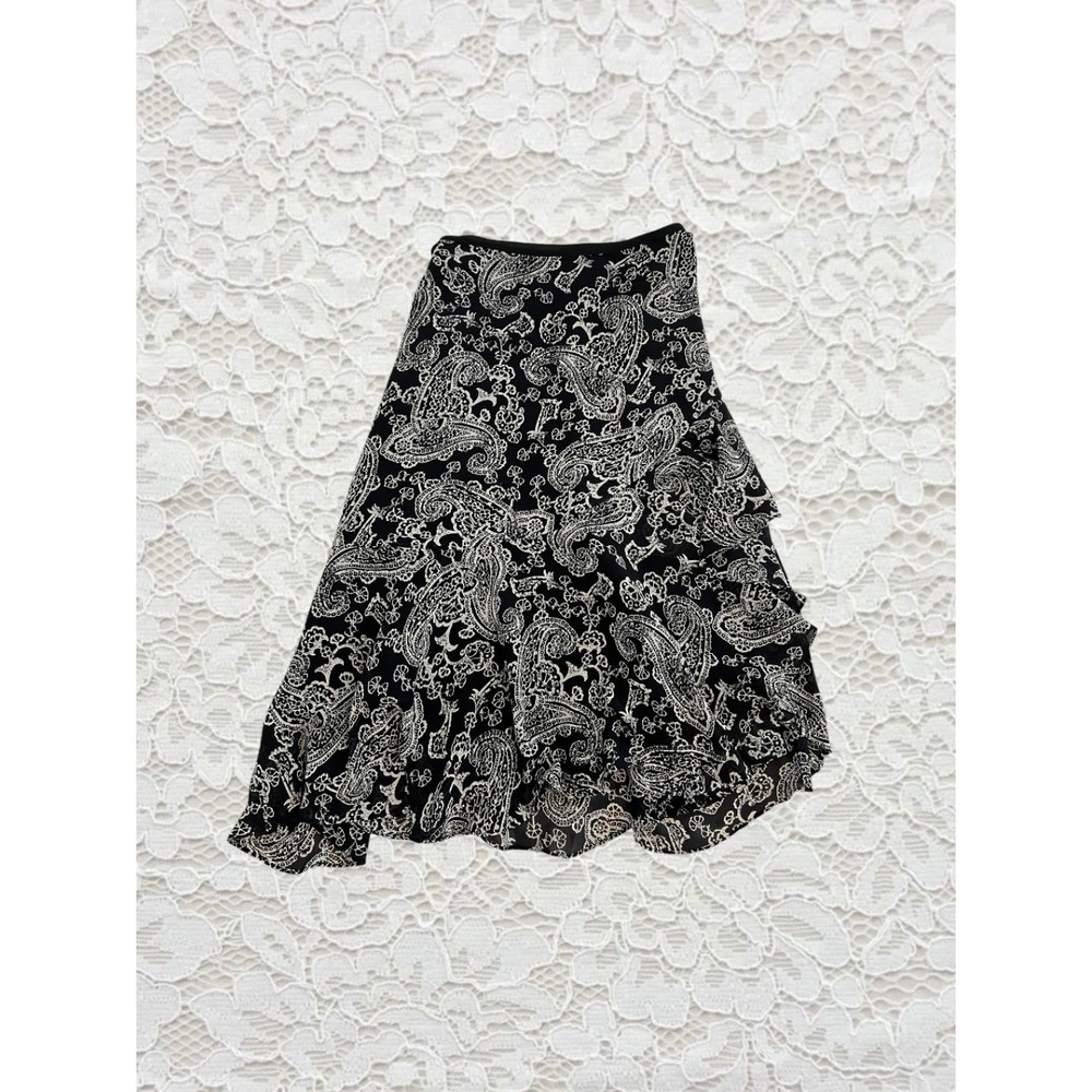 vintage black & white paisley patterned ruffle midi skirt